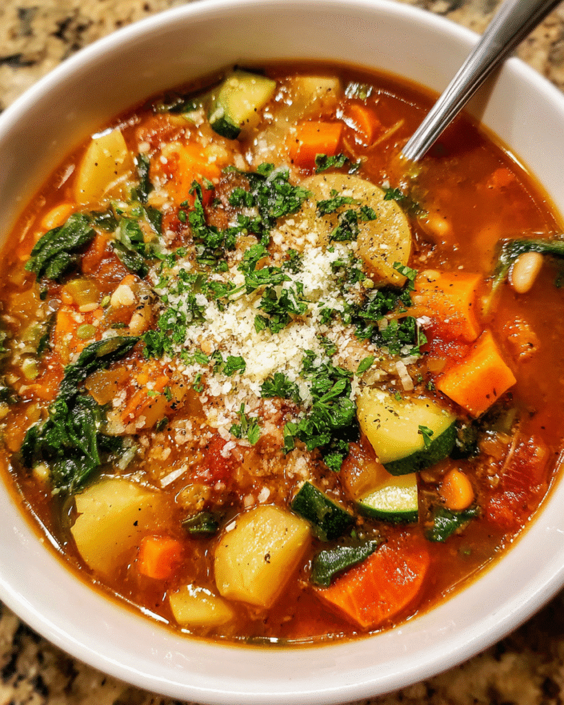 Plant-based longevity soup in rustic bowl