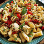 Margherita Pasta Salad in a ceramic bowl
