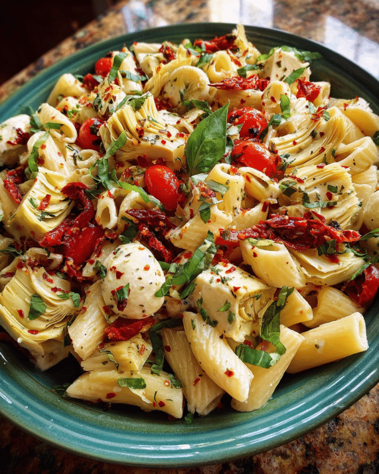 Margherita Pasta Salad in a ceramic bowl