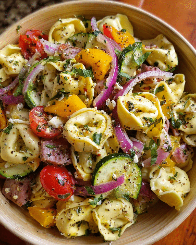 Tortellini Salad in a white bowl with Mediterranean ingredients