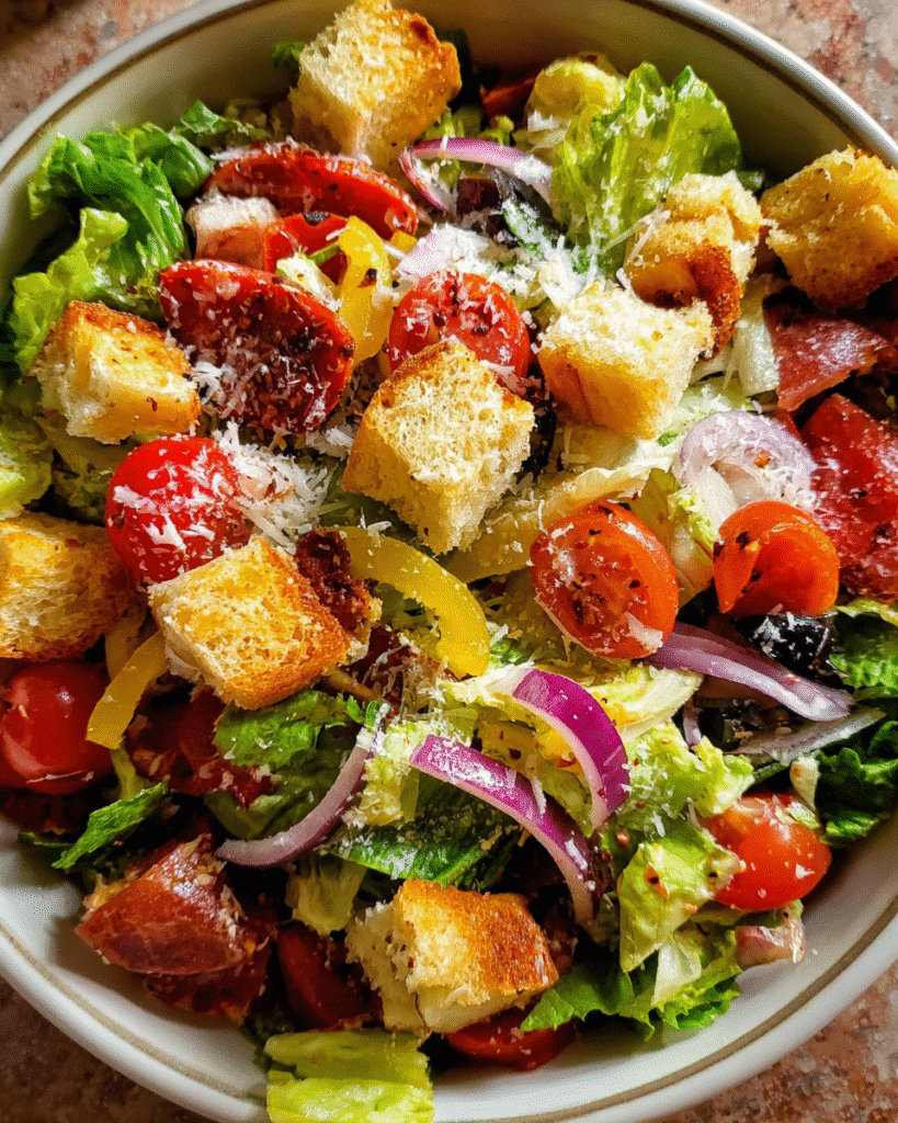 Mega Italian Salad in a wooden bowl