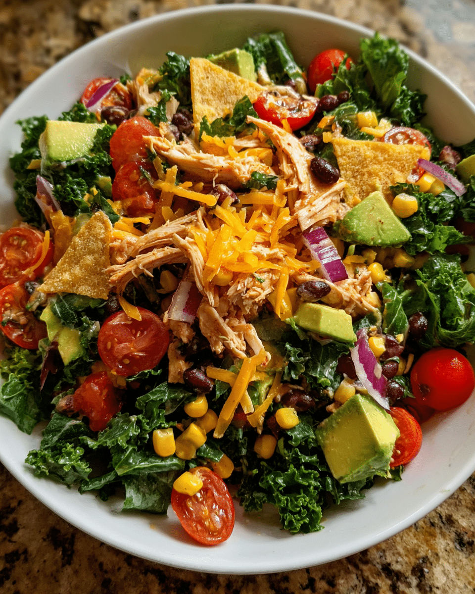 Chicken taco salad with kale and avocado in rustic bowl