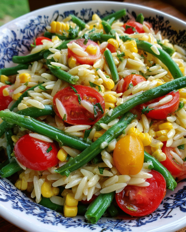 Fresh orzo salad in a rustic bowl