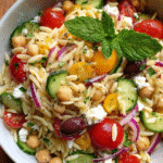 Orzo Salad served in a ceramic bowl