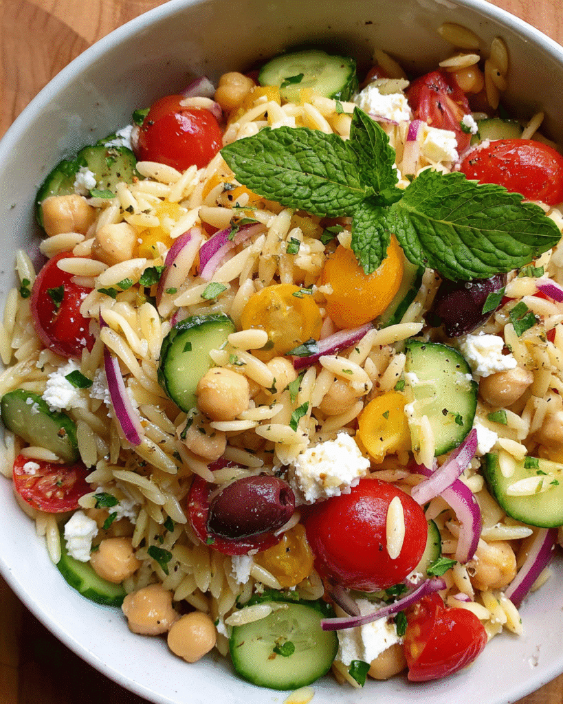 Orzo Salad served in a ceramic bowl