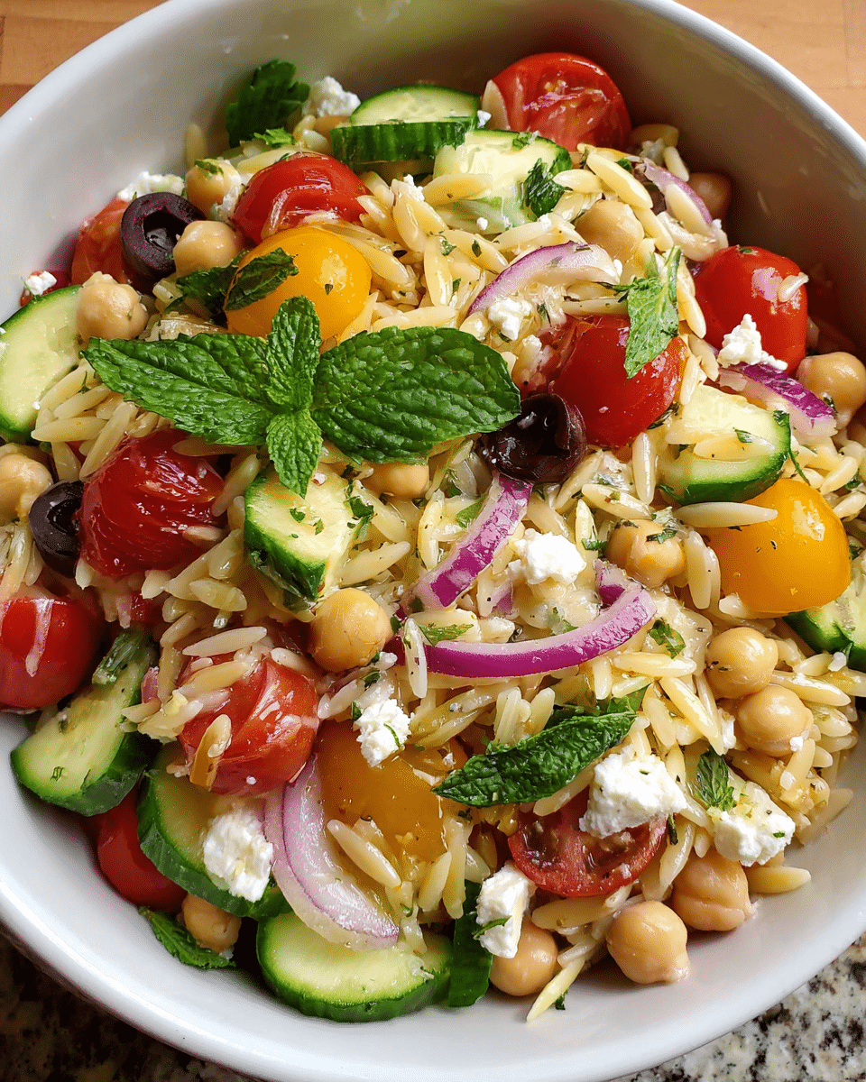 Orzo Salad served in a ceramic bowl