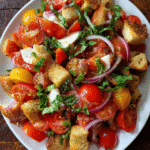 Panzanella Salad with tomatoes, bread, and basil on rustic table