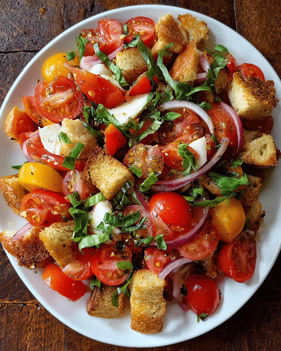 Panzanella Salad with tomatoes, bread, and basil on rustic table
