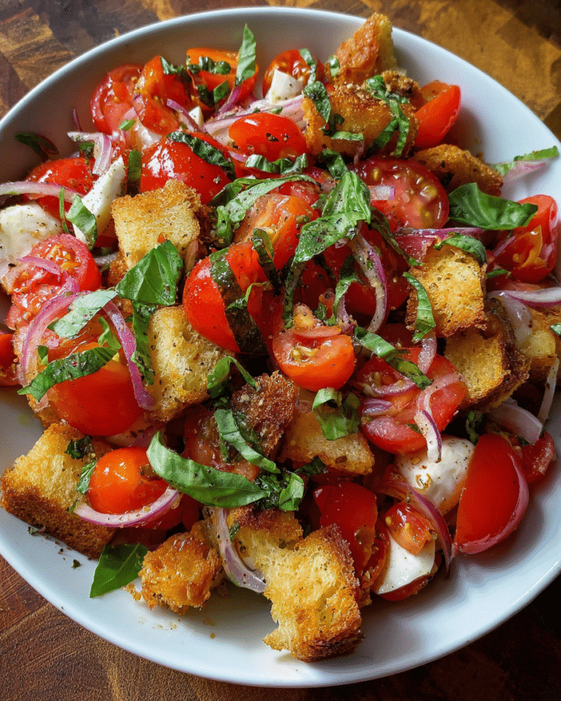 Panzanella Salad with tomatoes, bread, and basil on rustic table