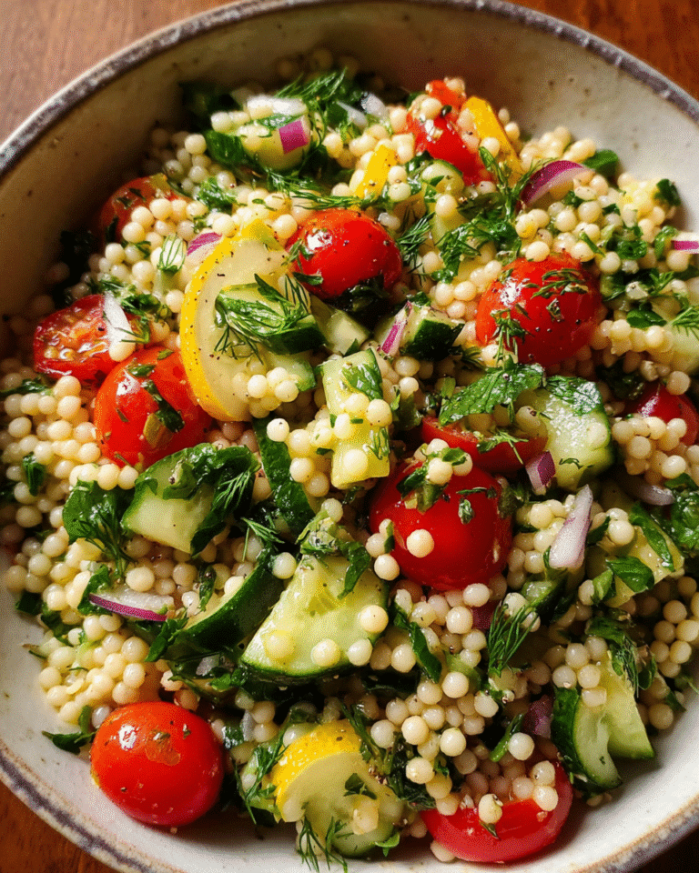 Pearl couscous salad in bowl with fresh vegetables
