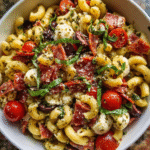 overhead shot of pepperoni pasta salad