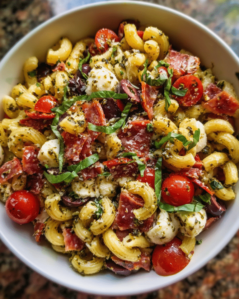 overhead shot of pepperoni pasta salad