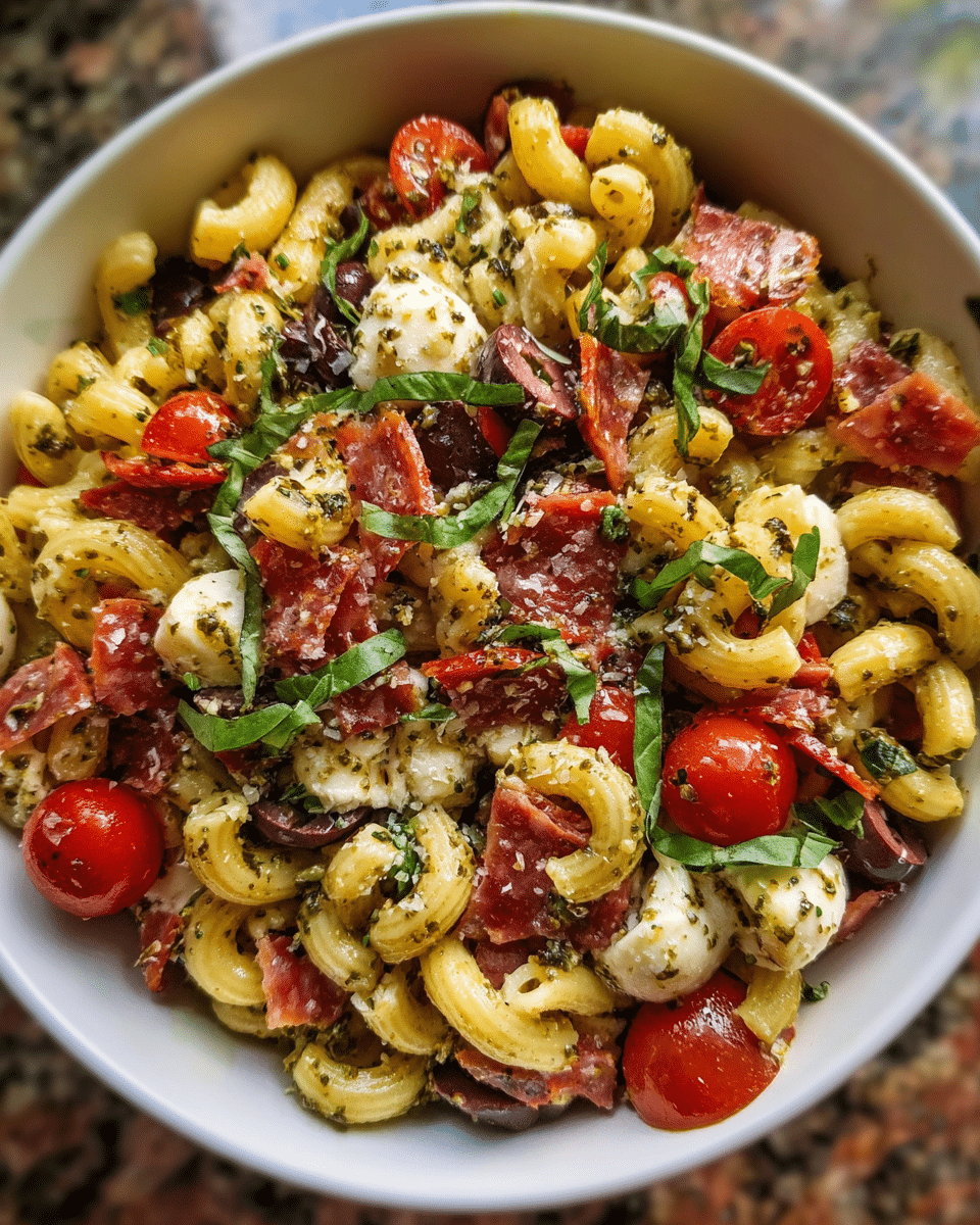 overhead shot of pepperoni pasta salad
