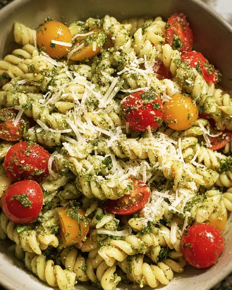 Pesto pasta salad in white bowl with basil and Parmesan