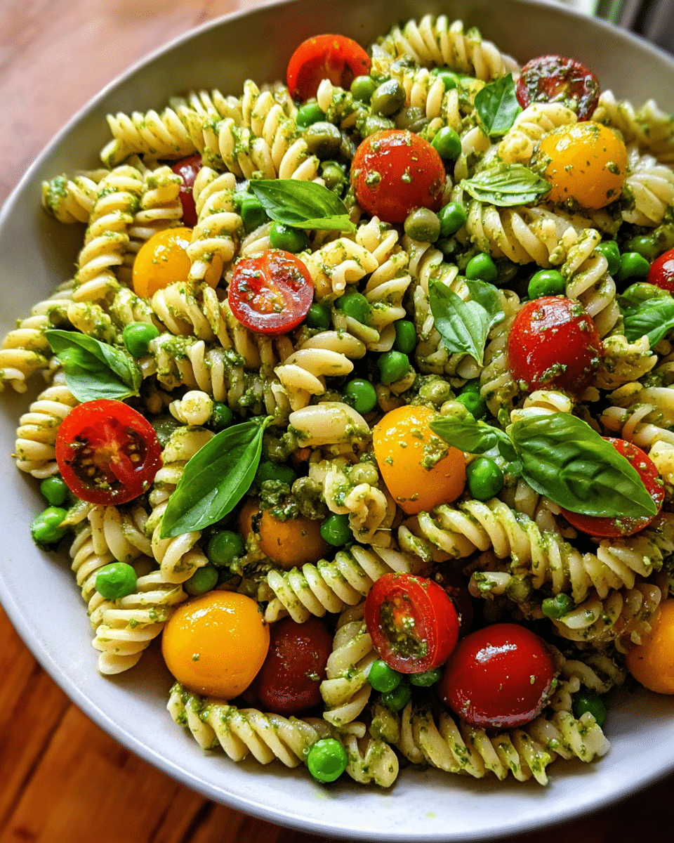 Overhead shot of pesto pasta salad with tomatoes and peas
