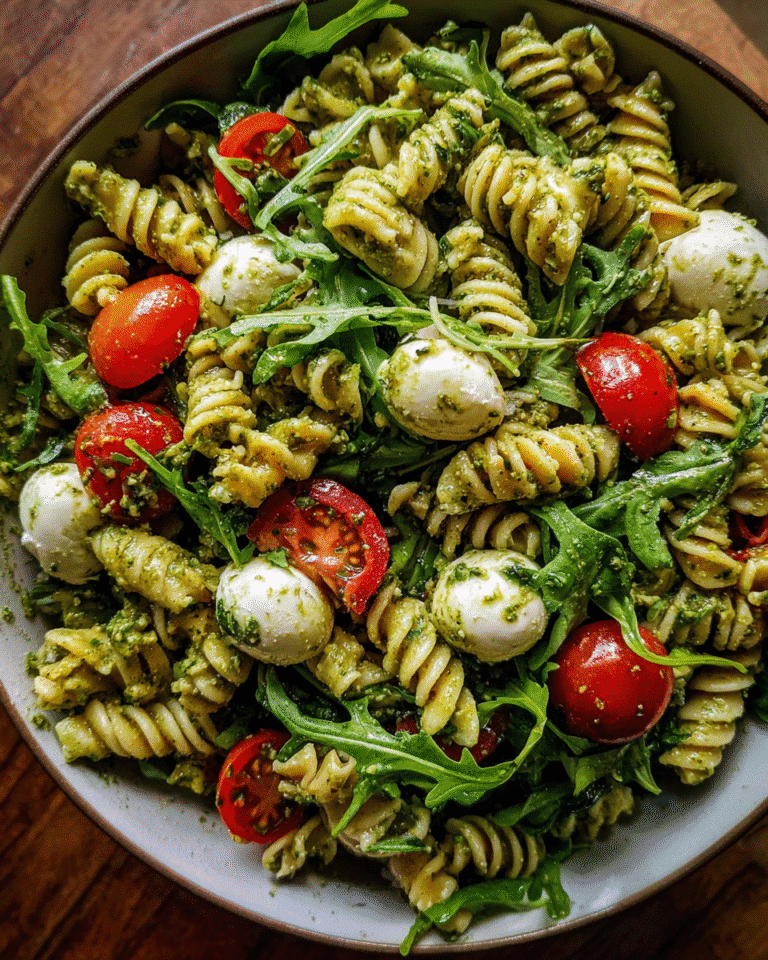 Pesto pasta salad in rustic white bowl with fresh ingredients
