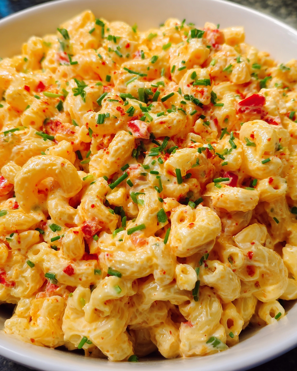 Featured pimento pasta salad served for summer picnic