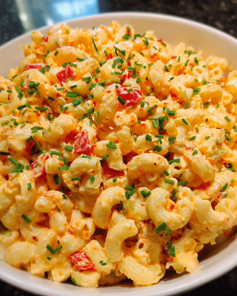 Featured pimento pasta salad served for summer picnic
