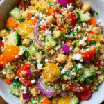 quinoa chickpea salad in rustic bowl