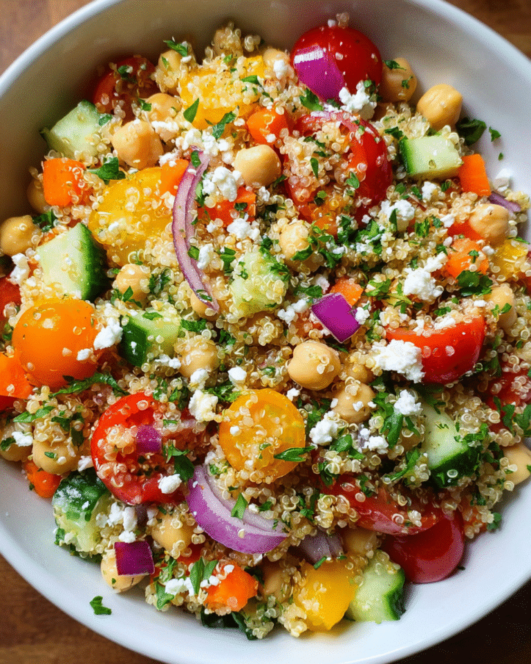 quinoa chickpea salad in rustic bowl