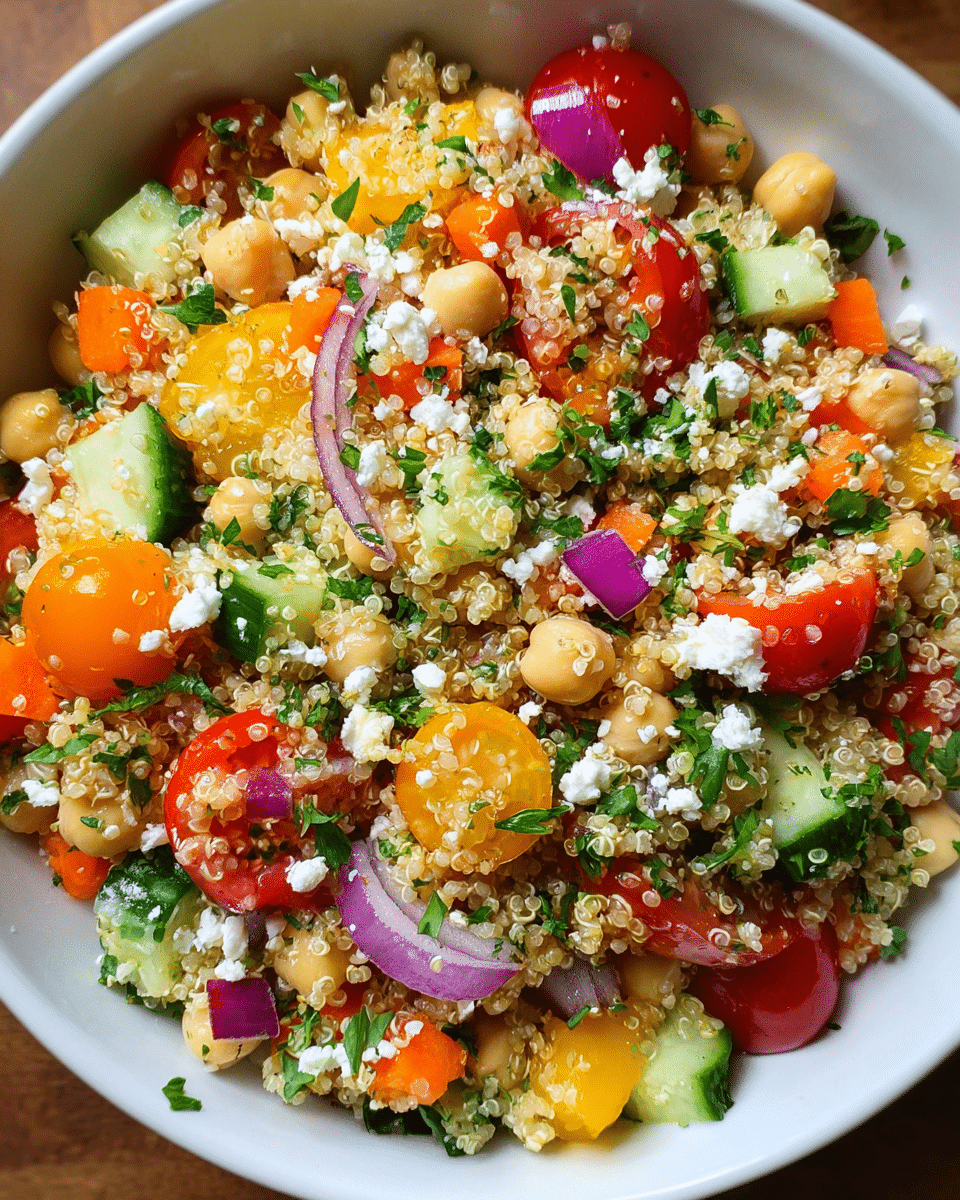 quinoa chickpea salad in rustic bowl