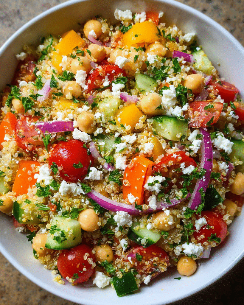 quinoa chickpea salad in rustic bowl