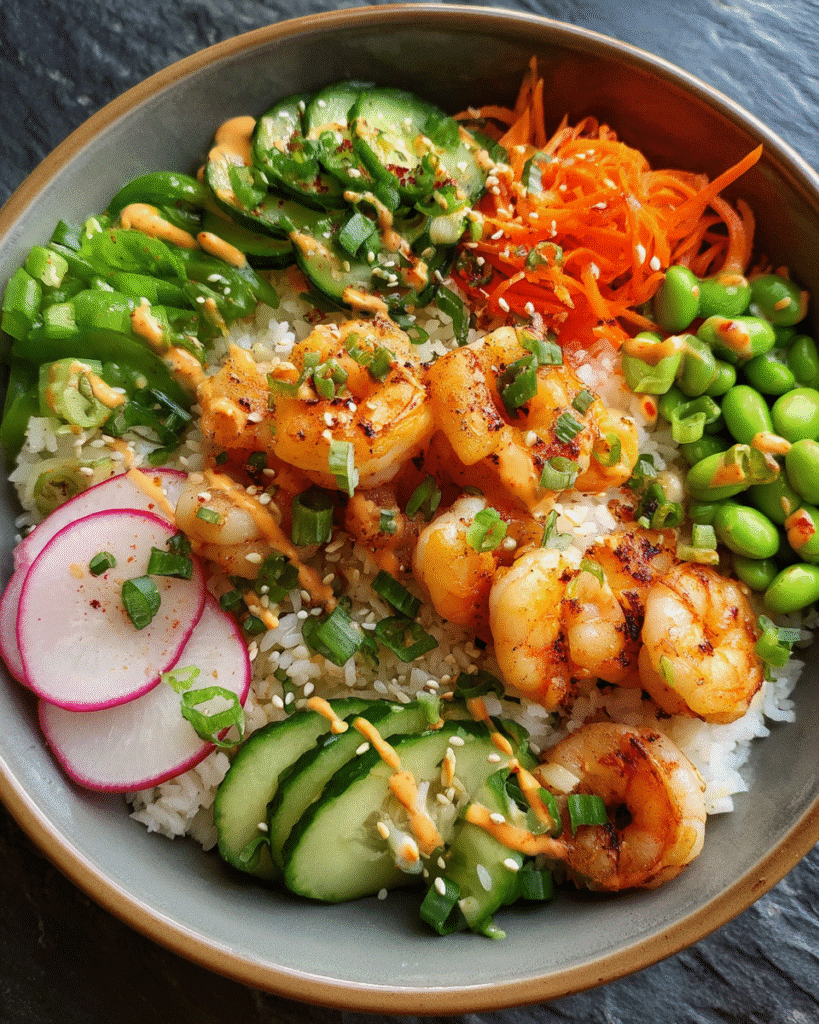 Spicy Shrimp Rice Bowl with Fresh Veggies