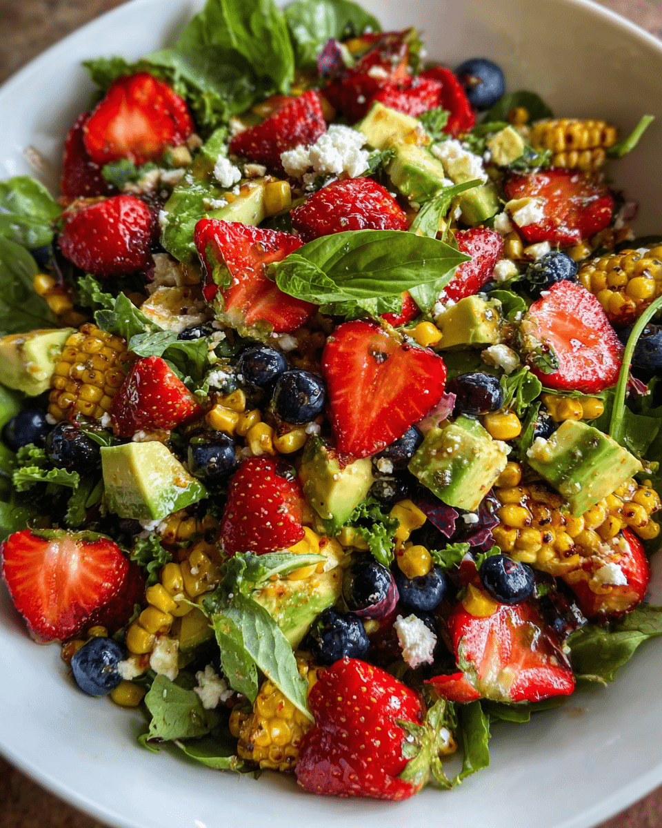 Strawberry Avocado Corn Salad in bowl on picnic table