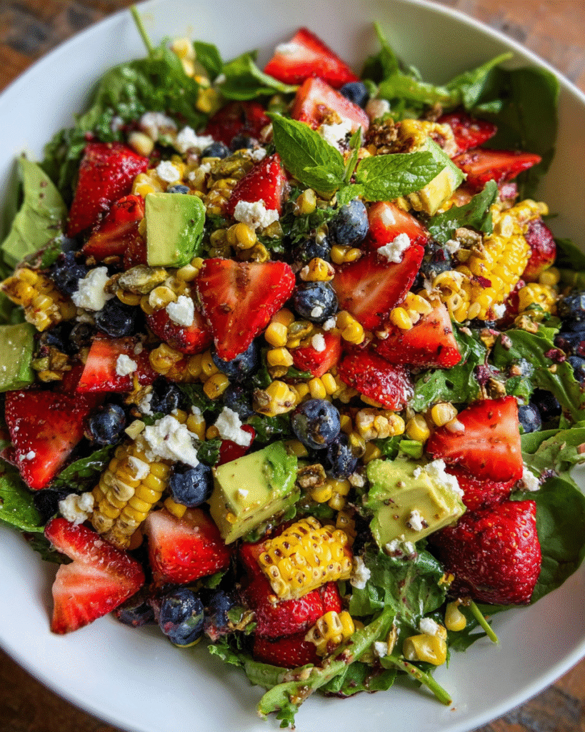 Strawberry Avocado Corn Salad in bowl on picnic table