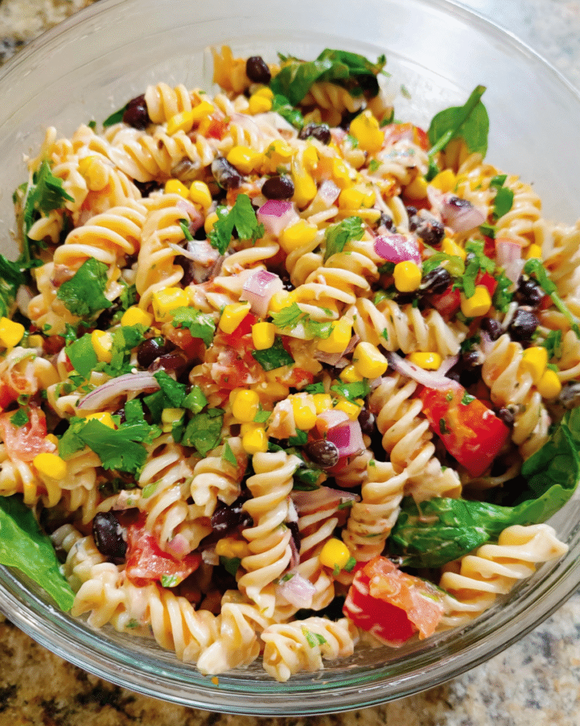 Salsa Ranch Pasta Salad in a vibrant serving bowl