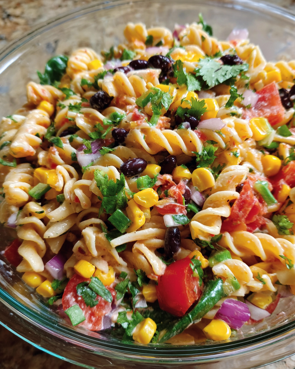 Salsa Ranch Pasta Salad in a vibrant serving bowl