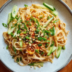 Sesame noodles served in ceramic bowl with toppings