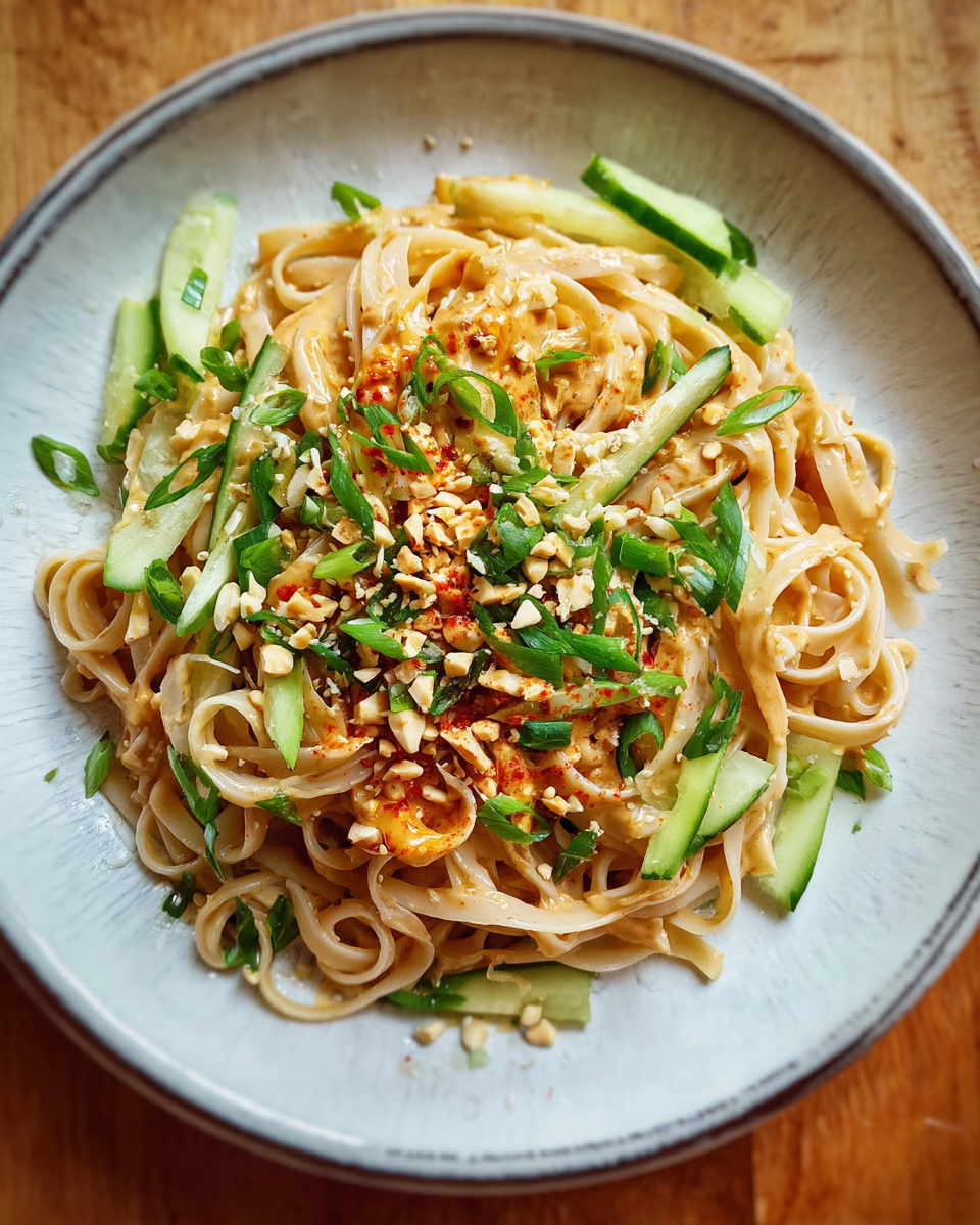 Sesame noodles served in ceramic bowl with toppings