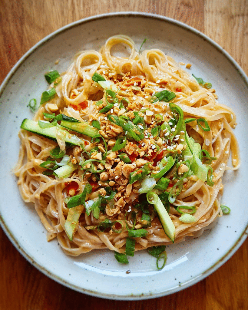 Sesame noodles served in ceramic bowl with toppings