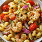 Shrimp pasta salad in bowl with tomatoes and lime