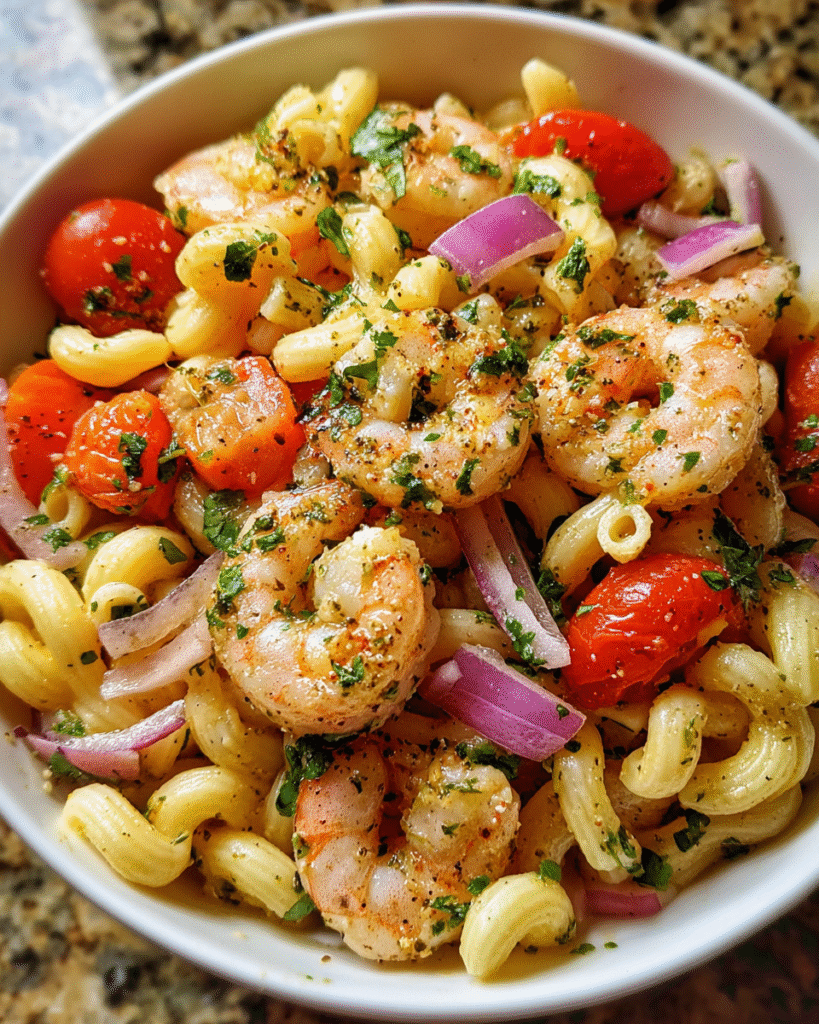 Shrimp pasta salad in bowl with tomatoes and lime