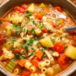 Sicilian chicken soup served in rustic bowl