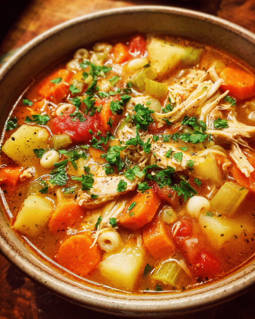 Sicilian chicken soup served in rustic bowl