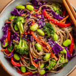 soba noodle salad with vegetables and miso dressing