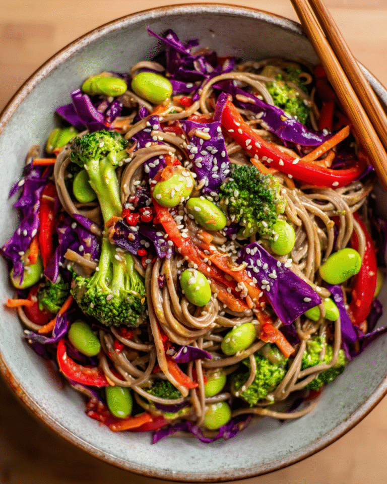 soba noodle salad with vegetables and miso dressing