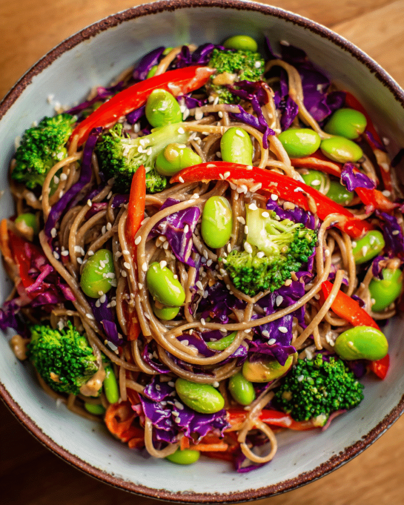 soba noodle salad with vegetables and miso dressing