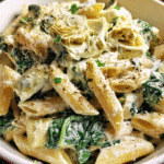 Spinach Artichoke Pasta Salad in serving bowl