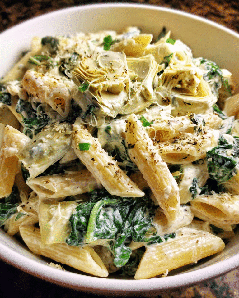 Spinach Artichoke Pasta Salad in serving bowl