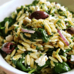 Spinach and orzo salad in serving bowl