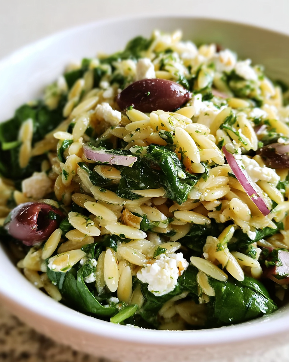 Spinach and orzo salad in serving bowl
