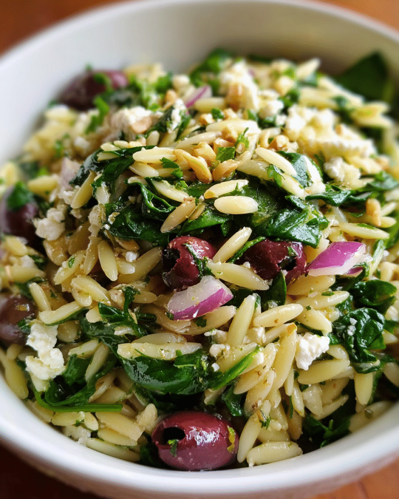 Spinach and orzo salad in serving bowl