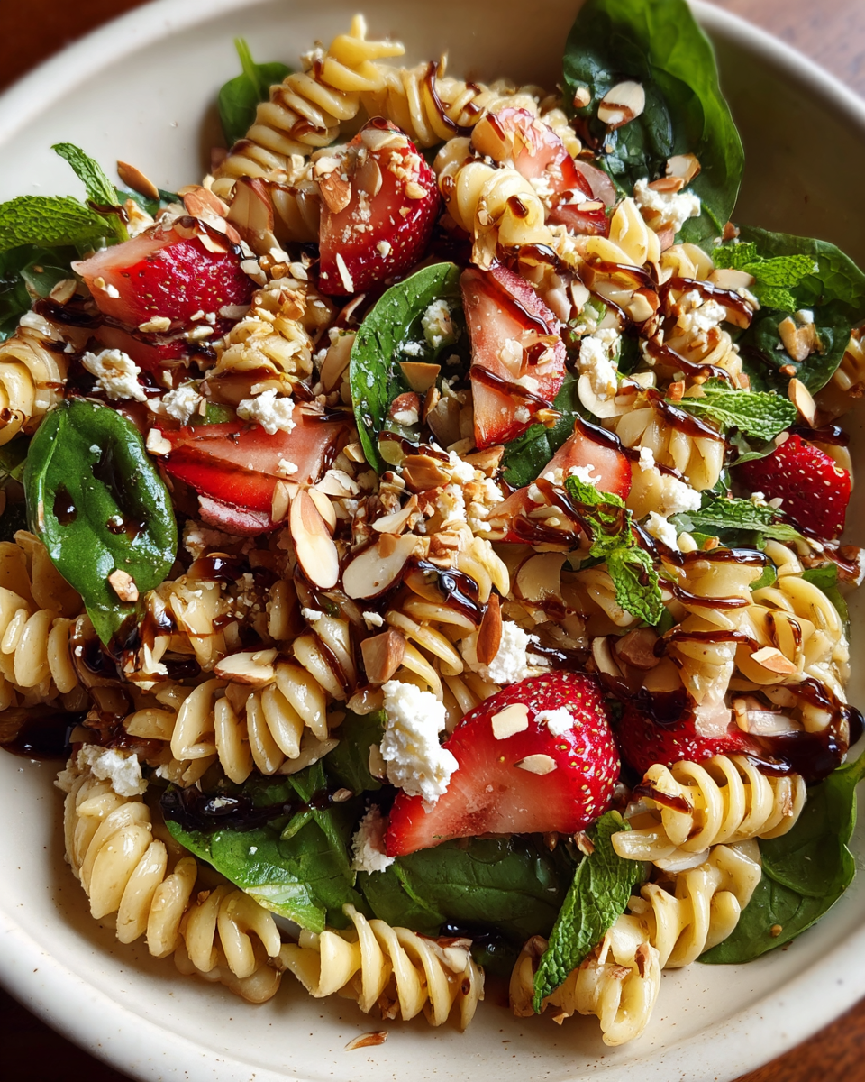 Strawberry balsamic pasta salad in serving bowl