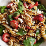Strawberry balsamic pasta salad in serving bowl