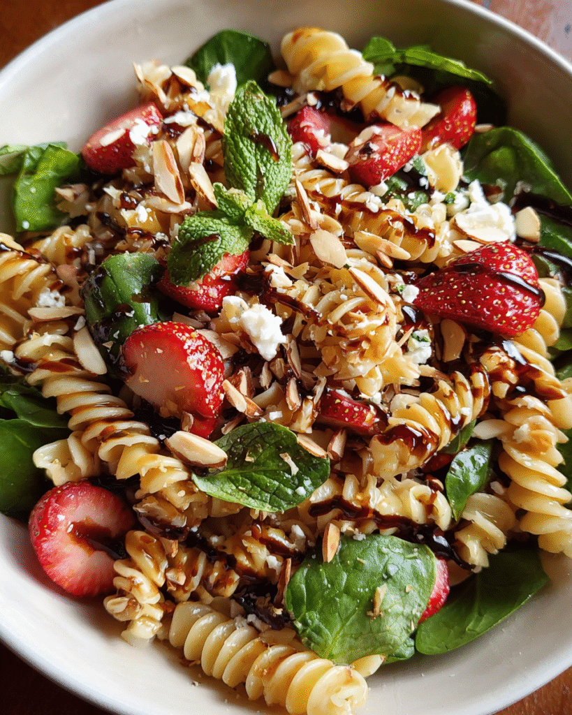 Strawberry balsamic pasta salad in serving bowl