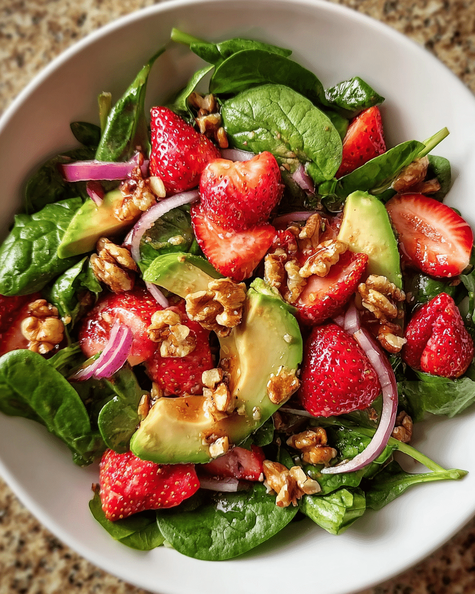 Vibrant strawberry spinach salad with avocado and walnuts